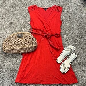 Banana Republic Red Orange Sleeveless Wrap Dress with Tie